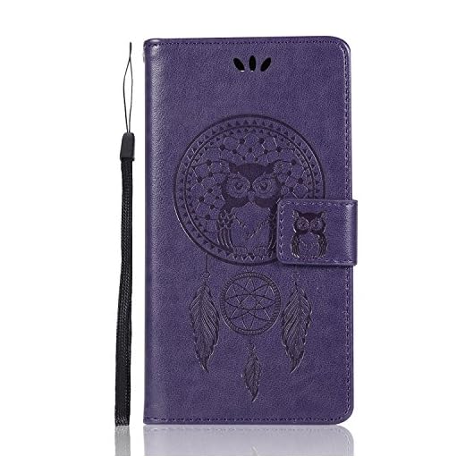 Sunrive Funda para Huawei Y6 II Compact/Huawei Y5 II, Carcasa Cuero Sintético Protectiva Resistente Cierre Magnético,Carcasa en Folio, Soporte Plegable,Ranuras para Tarjetas (Buho Morado)