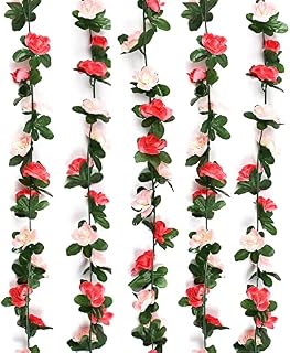 CAEEKER Artificial Rose Vine Garland, 5 Pack 41FT Fake Rose Vine Silk Flowers Swag Hanging Artificial Flowers Garland Plants Faux Floral Vines Decor with Green Ivy Leaves for Wedding Home Arch (Pink)