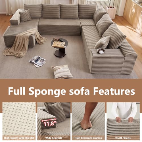 Image of Oversized Modular Sectional Sofa Couch, Large 6 Seater Corner Sofa Modern U Shaped Sectional Couch Cloud Couches for Living Room, Office, Spacious Space, Corduroy, No Assembly Required, Camel
