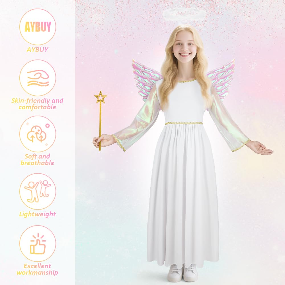 AYBUY Costumes Girls Angel, White Angel Dress with Wand Wings and Halo Girls Christening Dresses for Christmas Nativity - Image 4