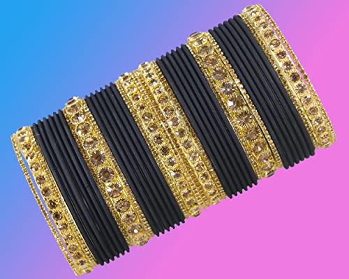 Image of NMII Non-Precious Metal Base Metal and Studded Zircon Gemstone and Matte Finish Worked Bangle set for Women /Girls