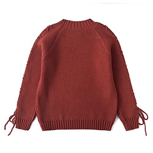 Image of Curipeer Girls Pullover Sweaters, Lace-up Long Sleeve Crewneck | Soft Warm Classic Cable Knit, Winter Fall Spring Daily Wear, Little Kids Tween Girl