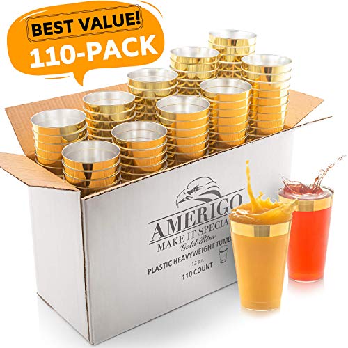 110 Elegant Gold Rimmed Clear Plastic Cups - 12 oz Disposable Plastic Tumblers