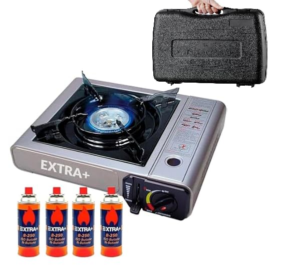 Extra+ Hornillo Portátil con 4 Cartuchos de Gas y Maletín de Transporte, Cocina de Gas