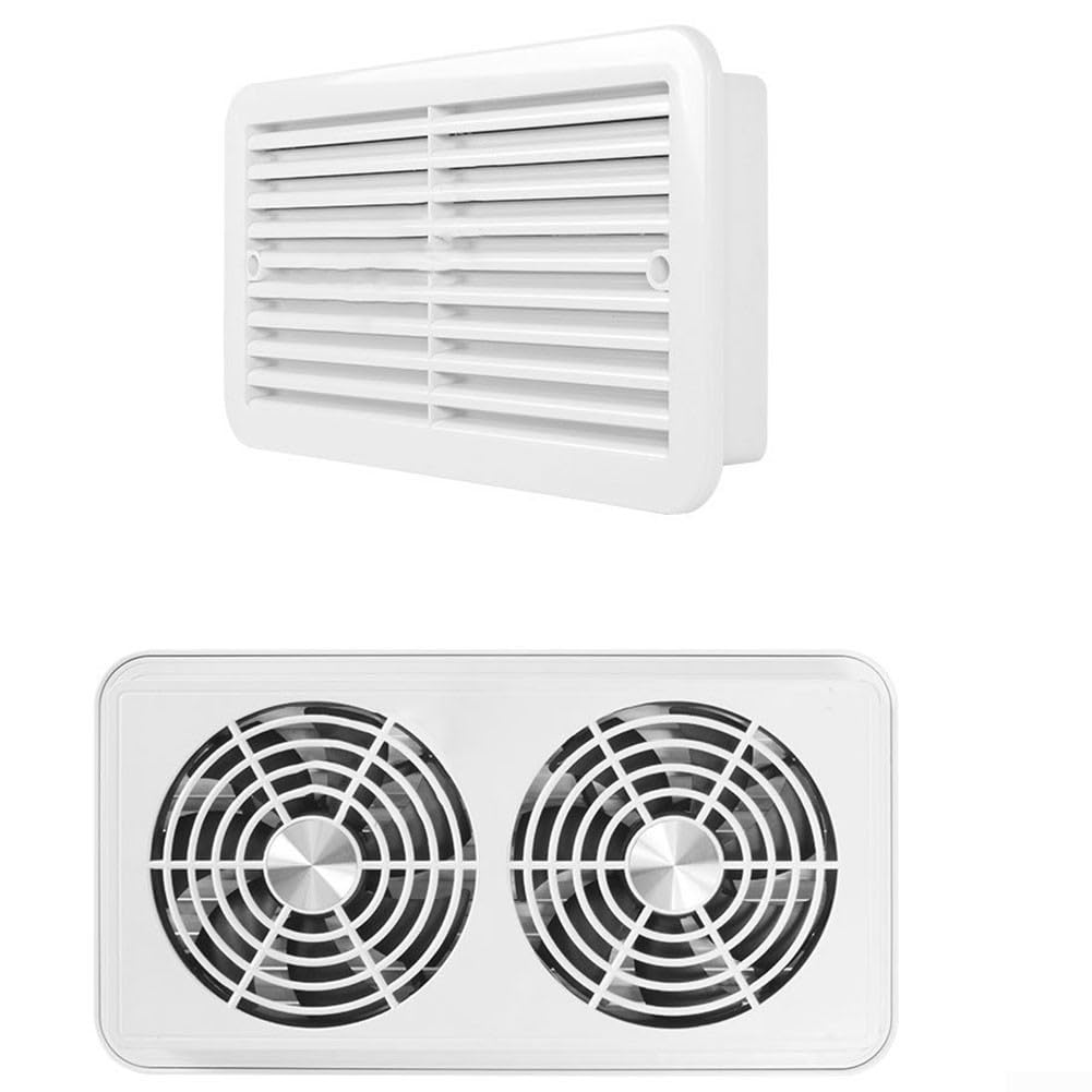 4.8W 12V Unidad de ventilación de doble ventilador RV para escape silencioso y flujo de aire de refrigeración eficiente, adecuado para remolques de viaje, autocaravanas y viajes en caravana (blanco)