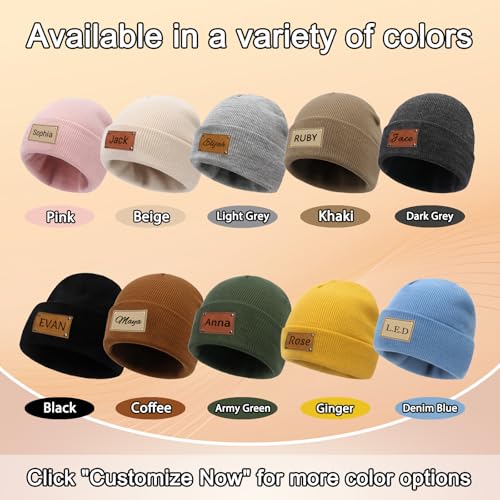 Custom Toddler Beanie - Personalized Winter Hat with Engraved Text Name Leather Patch, Customized Gifts for Girl Boys Kids Baby3