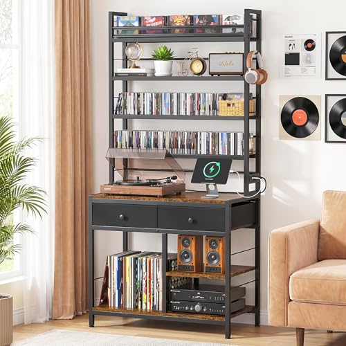 ikkle Tall CD Rack with Power Outlet & Drawers, 8-Tier DVD Storage Shelf | Media Storage Cabinet for CDs/DVDs, Vinyl Records, Books Games, Ideal for Living Room Home Office, 31.5×15.7×70.6 in, Brown