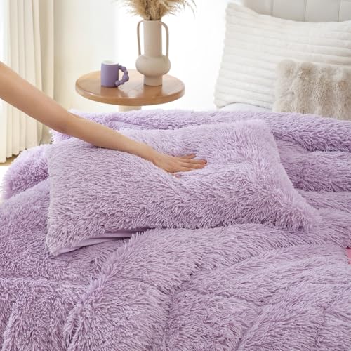 Smoofy Fluffy Queen Comforter Set, Faux Fur Comforter Set Queen Size, Luxury Fuzzy Bedding Set, Soft Shaggy Bed Set for All Season, 3 Pieces - 1 Comforter & 2 Pillowcases, Lavender Purple