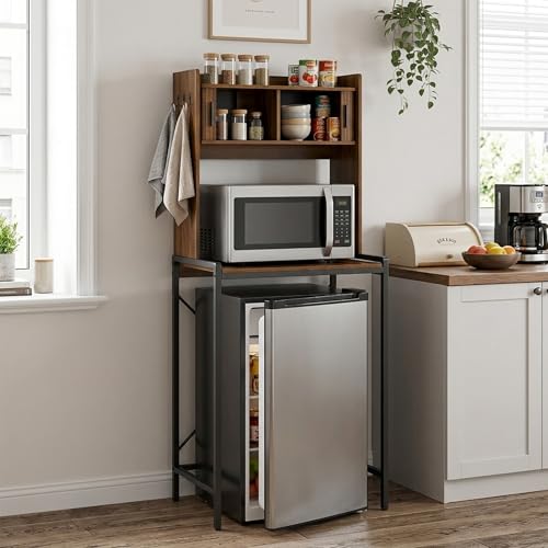 Image of ZONVEOKE Mini Fridge Stand with Sliding Doors Storage, Microwave Stand and Baker’s Rack with 6 Hooks, 4-Tier Mini Fridge Cabinet for Dorm, Home, Office, Kitchen, Walnut Wood