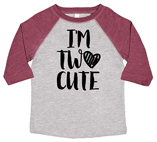 Olive Loves Apple Im Two Cute 2nd Birthday Shirt for Toddler Girls Second Birthday Outfit 3/4 Vintage Burgundy Raglan 2T