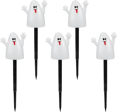 INOOMP 5pcs Halloween Solar Garden Lights Ghost Stakes Outdoor Led Solar Powered Halloween Pathway Walkway Yard Lawn Light for Halloween Patio Landscape Decor