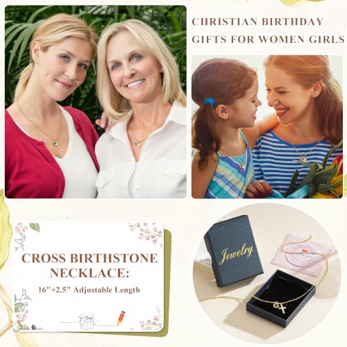 Birthstone Necklace for Women - Gold Cross Necklaces for Women Girls | 14K Gold Plated, 12 Months Round Birthstone, Dainty Cross Pendant, Christian Baptism Religious Birthday Gifts for Women Girls — view 4