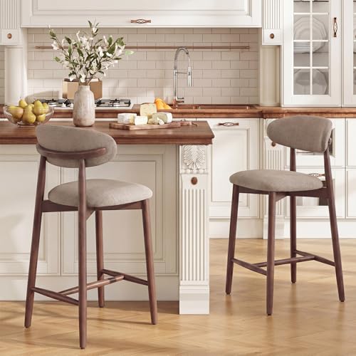 Image of MALOL Counter Height Bar Stools Set of 2, Kitchen Bar Stools with Back, Mid Century Modern Upholstered Barstools with Wood Legs for Kitchen Island Dining Room, Camel