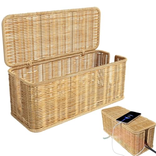 Caja oculta de cables de ratán, caja de cable transpirable tejida a mano, caja de almacenamiento de alambre oculta con tapa, caja organizadora de cables de ratán para concentradores USB, uso doméstico