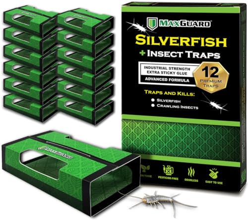MaxGuard Silverfish + Insect Traps (12 pcs Box Trap) | Non-Toxic Extra Sticky Glue Traps, Kill All Silverfish, Centipedes, and Other Crawling Bugs and Insects |