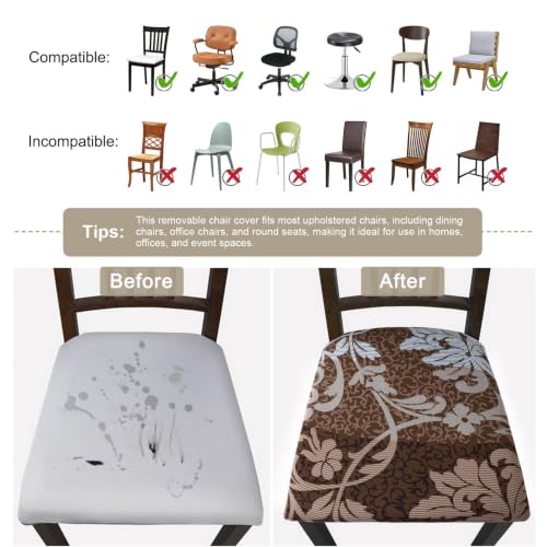 Image of SearchI Seat Covers for Dining Room Chairs Stretch Printed Chair Seat Covers Set of 4, Removable Washable Upholstered Chair Seat Protector Cushion Slipcovers for Kitchen, Office(Brown+Flower)