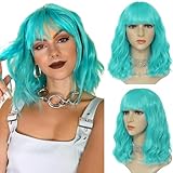 Ariqutba 14 Inch Teal Short Wavy Wig with Bangs for Women Teal Wigs for Women Curly Wave Wigs with Bangs Synthetic Wig Heat Resistant Fiber Hair Wigs for Daily
