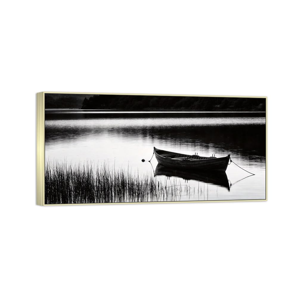Lake Boat 3 Black White Landscape Canvas Picture 20x40cm Silver Frame