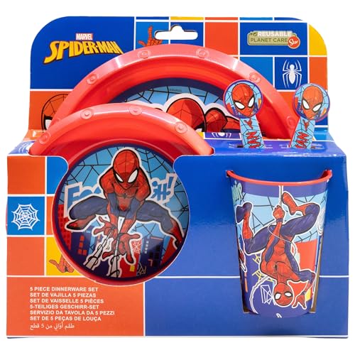 Set de vaisselle réutilisable pour enfant 5 pièces : gobelet, assiette, bol et couverts Spiderman