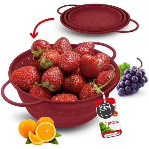 Coolinato – Scolapasta silicone pieghevole 20 cm rosso – Colino per pasta, verdura e frutta - Colapasta per lavastoviglie, senza BPA e termoresistente fino a 230°C - Setaccio salvaspazio richiudibile