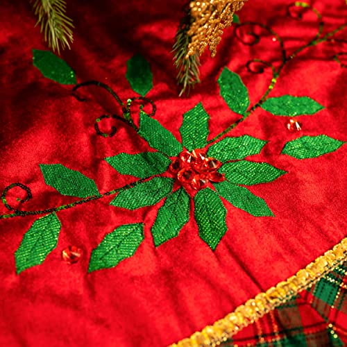 Valery Madelyn 48 Inch Traditional Red Green Gold Large Christmas Tree Skirt Decorations With Holly Leaves Pattern And Tartan Trim,Holiday Party Christmas Tree Decor #TOP3