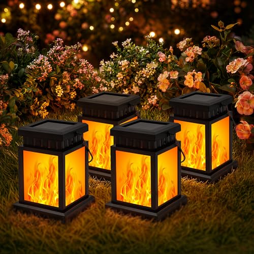 GIGALUMI Lot de 4 lampes solaires à suspendre pour l'extérieur, Effet de flamme, Étanche IP44, Décoration de jardin pour l'extérieur, Résistant aux...