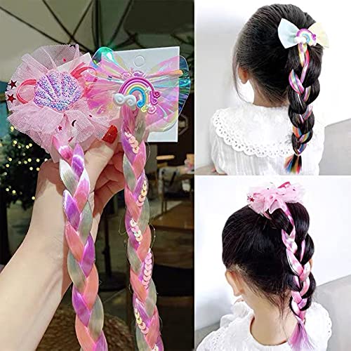 8 Pieces Colored Braids Hair Extensions With Rubber Bands Ponytails Hair Bows Rainbow Color Synthetic Hairpieces Glitter Braided Hair Extensions For Women Kids Girls Party Highlights Cosplay Dress Up #TOP6