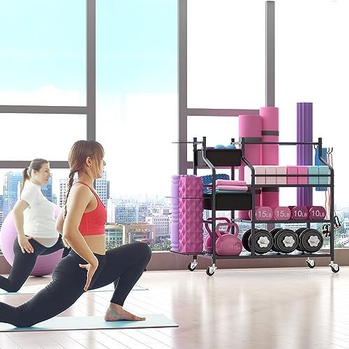 VILAWLENCE Yoga Mat Storage Rack Cart,Home Gym Multifunctional Removable Rack For Dumbbells Kettlebells Rope,Large Capacity Organizer Storage Cart For Home Exercise Equipment