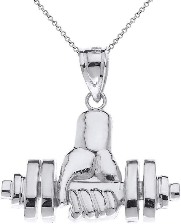 Sterling Silver Weightlifting Dumbell Barbell Fitness Gym Trainer Charm Pendant Necklace