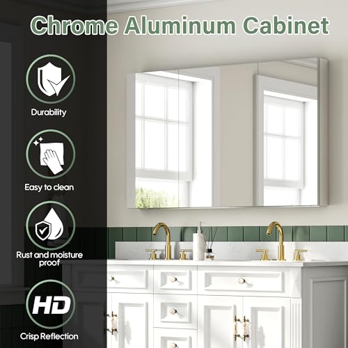 Botiquín de baño con espejo, gabinete de baño con estantes de vidrio ajustables, gabinete con espejo de aluminio anodizado cromado, instalación de puerta reversible, montaje en pared o empotrado, 48" x 30" miniatura 3