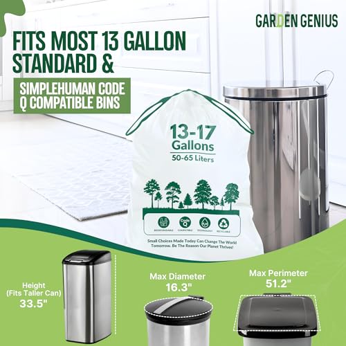 Image of Biodegradable 13-17 Gallon Code-Q Trash Bags (50 Pack) | Strong Heavy-Duty Tall White Kitchen Bags w /Drawstring | Fits Simplehuman & Standard Cans | Eco-Friendly D2W, 30 Micron Thick | 25.6 inch x 33.5 inch