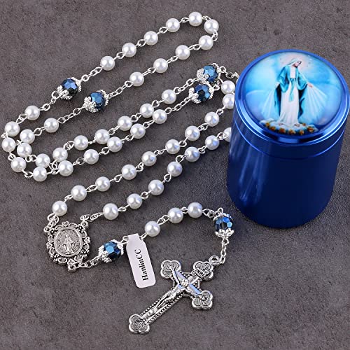 HanlinCC 6mm White Glass Pearl Beads Catholic Rosary Necklace with Virgin Mary Blue Catholic Metal Gift Box for Women (White Virgin Mary Rosary) - Thumbnail 5