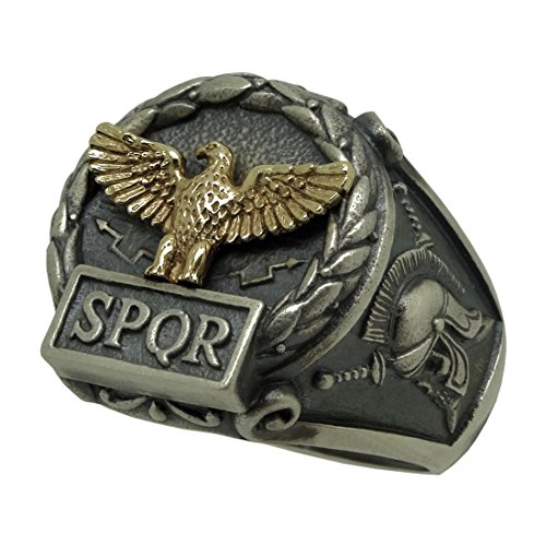 Sterling Silver And Yellow Solid Gold 10K Custom Made Roman Empire Eagle Spqr Skull Biker Mens Ring #TOP2