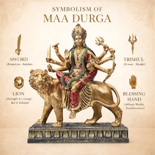 Image of ARMONIA Maa Durga Idol with Lion - Sherawali Mata Murti for Home Decor, Puja Mandir & Office Desk | Vaishno Devi Durga Mata Statue |Antique Polystone Goddess Idol for Navratri Gift (Height:12.20 Inch)