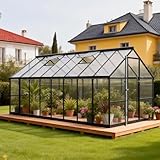 8x16 FT Durable & Easy Assembly Aluminum Greenhouse,Outdoor Polycarbonate Greenhouse with Roof Vent, Walk-in Greenhouse for Garden, Backyard,Black
