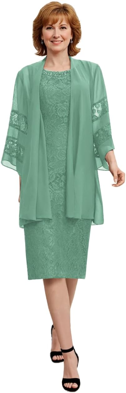 2 Pieces Mother of The Bride Dresses for Women Laces Applique Chiffon Tea Length Formal Evening Gowns with Jacket