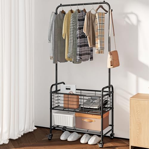 SUOERNUO Laundry Basket with Wheels Rolling Laundry Hamper Laundry Sorter Cart Shelf Hanging Rack,Black - Thumbnail 2