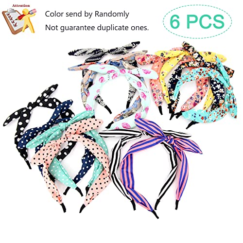 eyxformula 6 Pcs Colorful Headbands, Fashion Floral Polka Dot Stripe Bow Headbands Randomly, Lovely Ears Hairbands Knot Hair Bands Hair Accessories for Women, Girls