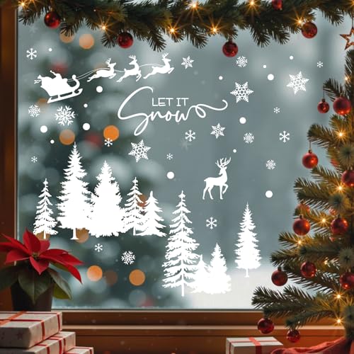 Mfault White Christmas Tree Window Clings, Xmas Let It Snow Reindeer Snowflakes Santa Claus Stickers Decals Decorations, Winter Holiday Snowballs Home Kitchen Decor