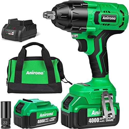 Anirona Cordless Impact Wrench, 1/2 Impact Gun with 600N.m and Max 3600 RPM,20V Electric Impact Driver Kit with 4Ah Li-ion Battery for Auto repairs, Construction Projects