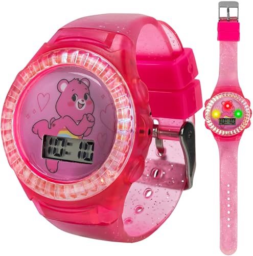 Care Bears Kids LCD Watch with Glitter Jelly Strap, Flashing Iridescent Bezel, Fun Digital Display, Ideal for Learning Time, Adjustable Strap, Pink Sparkle Design