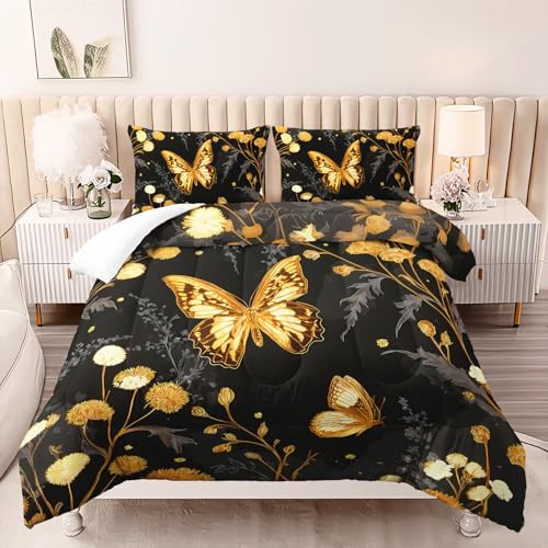 Image of AILONEN Twin Golden Butterfly Comforter Set, Black Wildflower Bedding, Dandelion Botanical Floral Decor, Lightweight Cozy Microfiber Dorm Kids Room