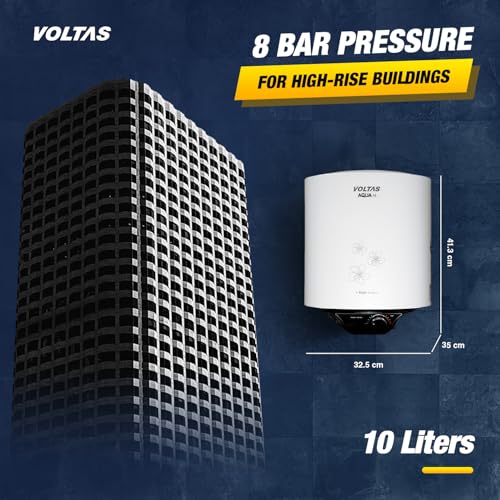 Image of Voltas AquaM 5-Star 10L Water Heater 2000W, Warranty of 7 years on Tank, 3 Years on Heating Element, 2 Years on Product by Voltas|Free Installation| Free Connecting Pipe|Copper Element|8 Bar (White)