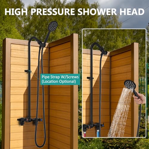 Aolemi Fixture de Ducha Exterior con Ducha de Mano, Agua Caliente y Fría, Negro Mate | Kit de Ducha Exterior con Válvula Central de 6 Pulgadas, Manguera de 59", Ducha de Mano Elevada, Ducha Expuesta de 2 Manijas miniatura 4