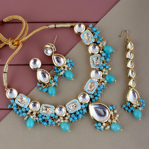 Image of Lucky Jewellery Meenakari 18k Gold Plated Tika Earring Combo Uncut Big Faux Kundan Choker Necklace set