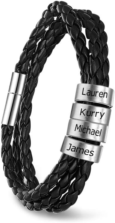 Personalized Black Braid ID Bracelet for Men with Small Engraved Beads for Family Names