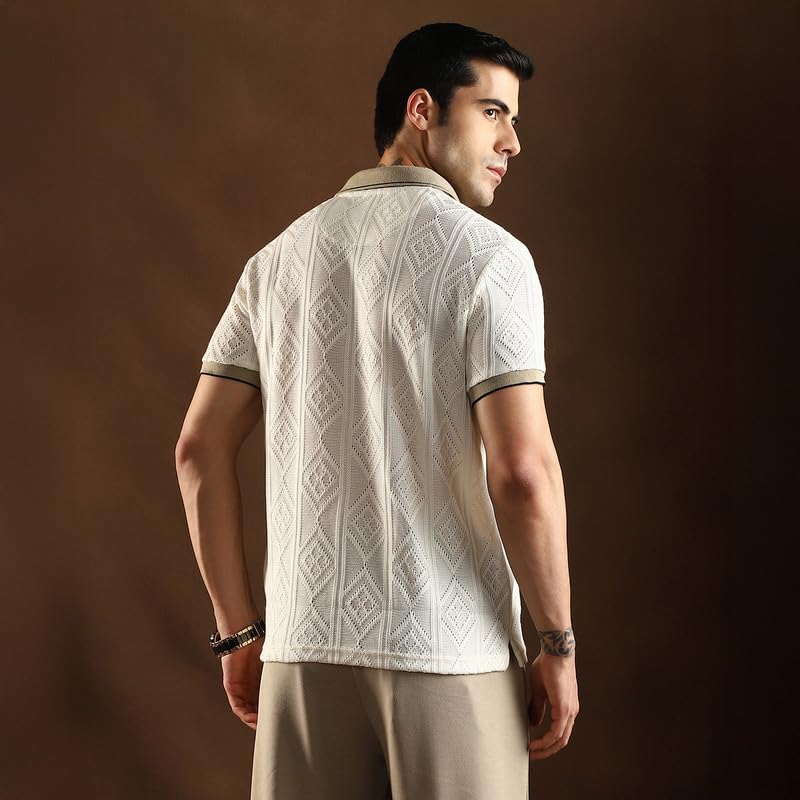 Image of CAHOOT Men's Chalk White & Sand Beige Contrast Rhombus Polo T Shirt for Casual Wear