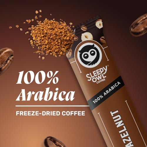 Image of Sleepy Owl Hazelnut Freeze Dried Coffee Sachets | 20g - Pack of 30 x 2g Instant Coffee Powder Sachets | 100% Arabica Beans | Aromatic Coffee Pouch | Rich & Smooth | Easy to Use & Carry