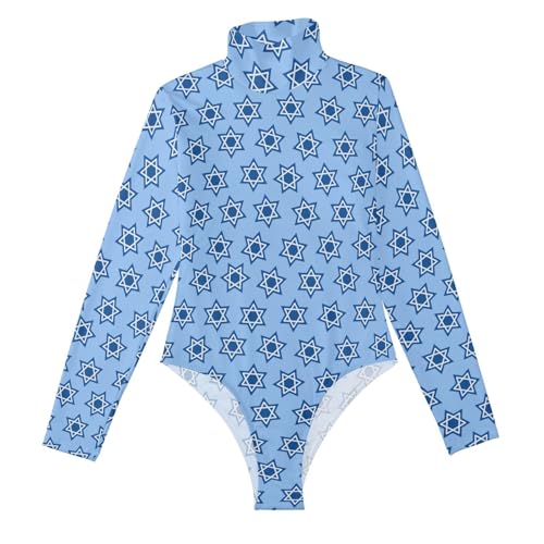 EtherSpher Star Of David Hanukkah Langarm-Bodies für Damen, sexy Body für Damen, sexy Oberteil für Damen, Rollkragen-Overall, Davidstern Chanukka, Medium