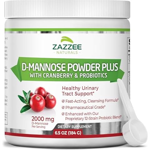 Zazzee D-Mannose Powder Plus, 2000 mg, 67 Servings, Potent & Fast-Acting, Plus 5 Billion CFU Probiotics and Pure Cranberry Juice Extract, Free Scoop, 6.5 Oz, Vegan, Gluten-Free, Non-GMO, All-Natural Cover